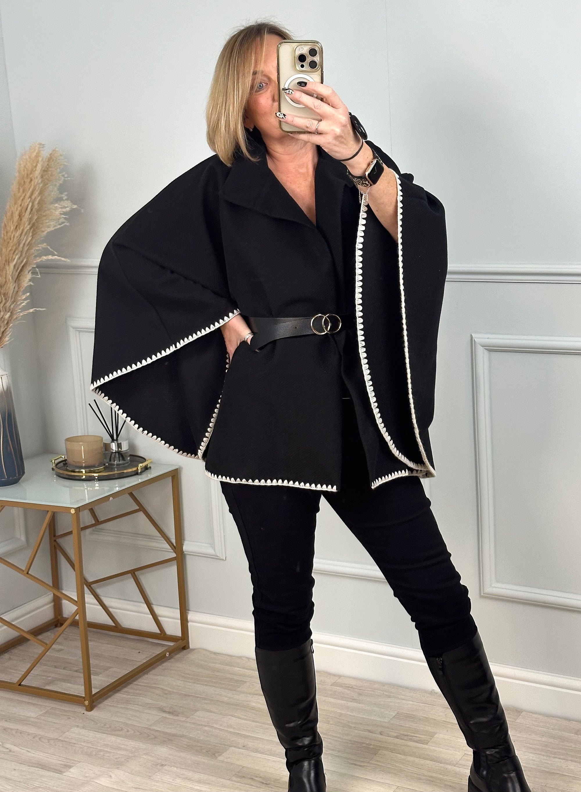 Lucinda Belted Cape Black - Susie's Boutique