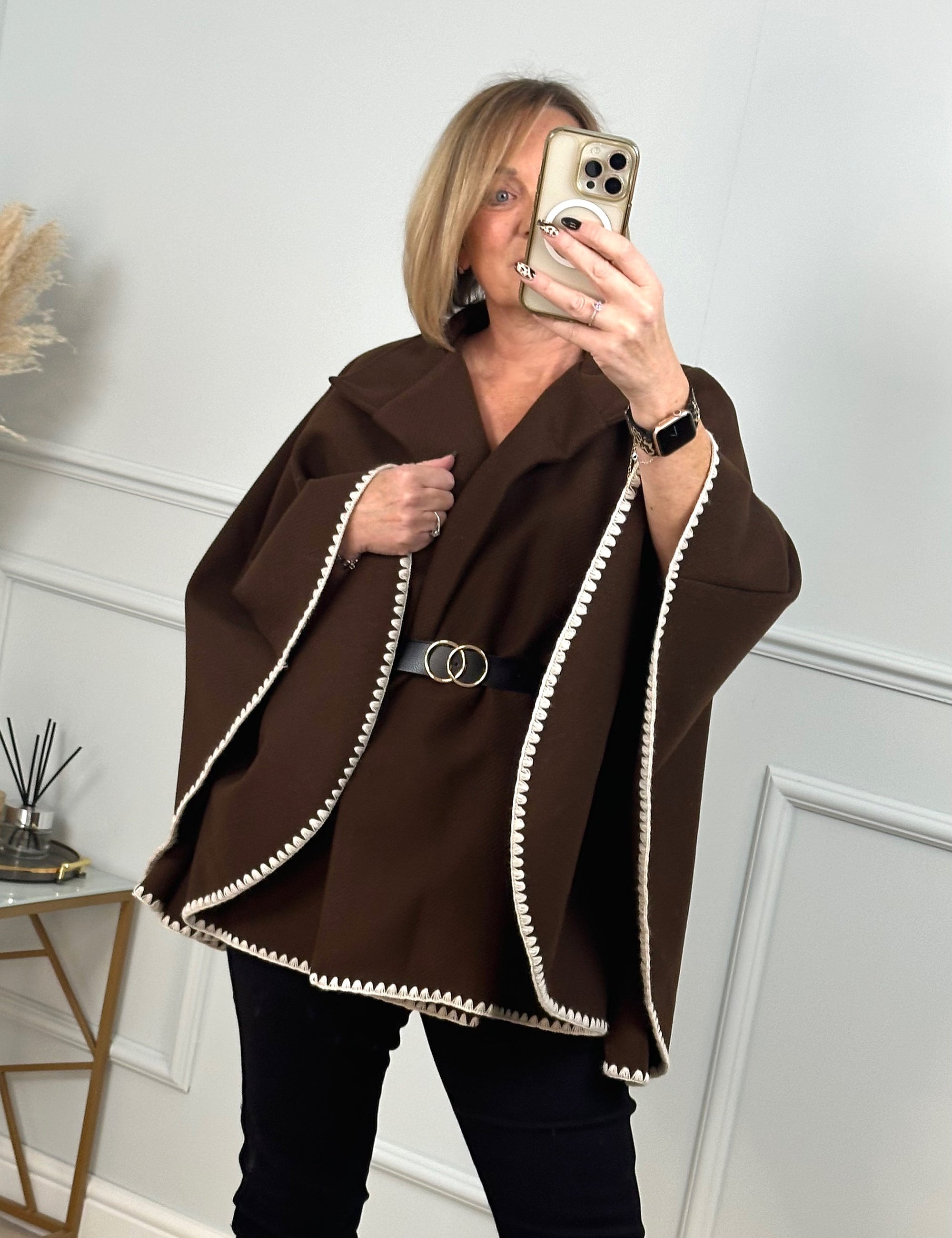 Lucinda Belted Cape Chocolate - Susie's Boutique