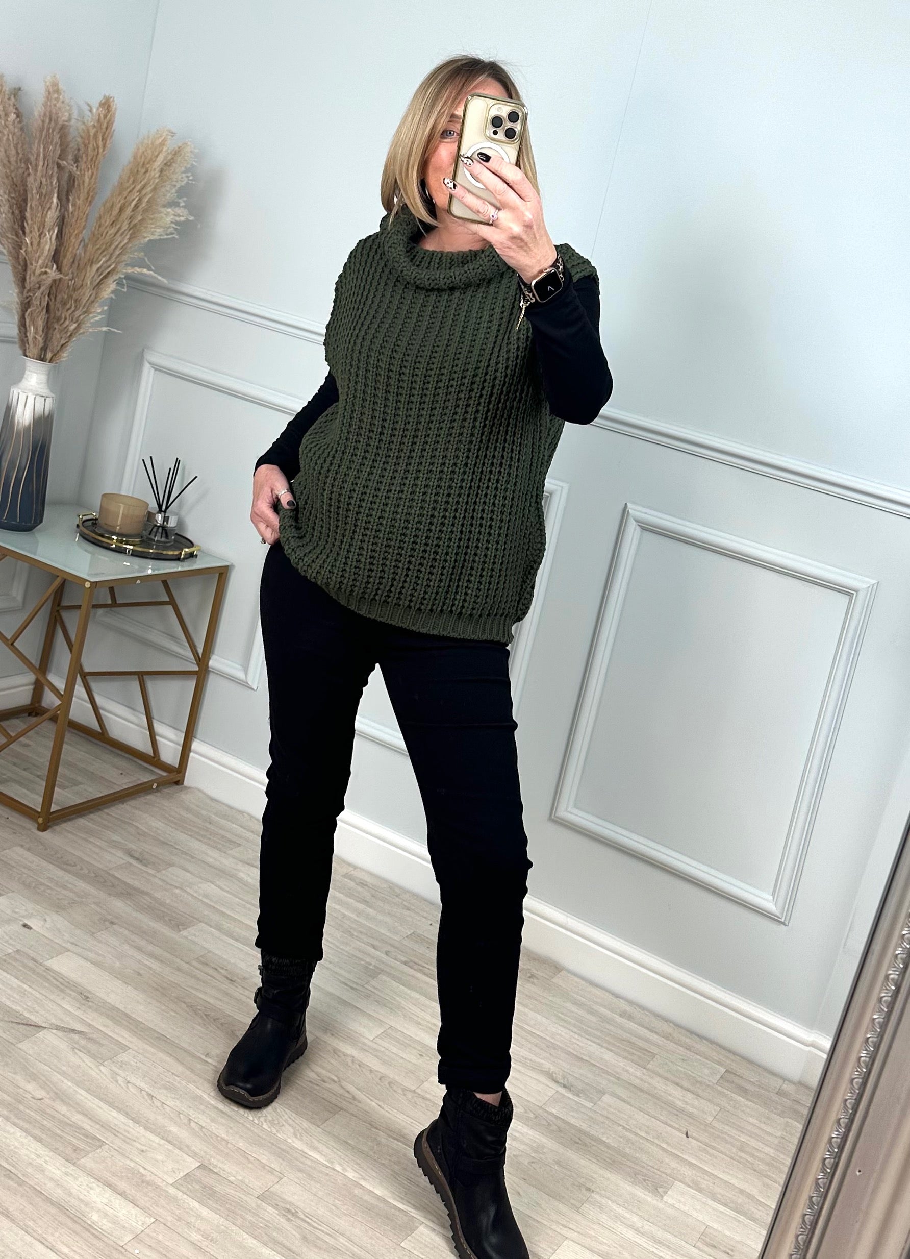 Effie Roll Neck Knitted Vest 10-18 Khaki - Susie's Boutique