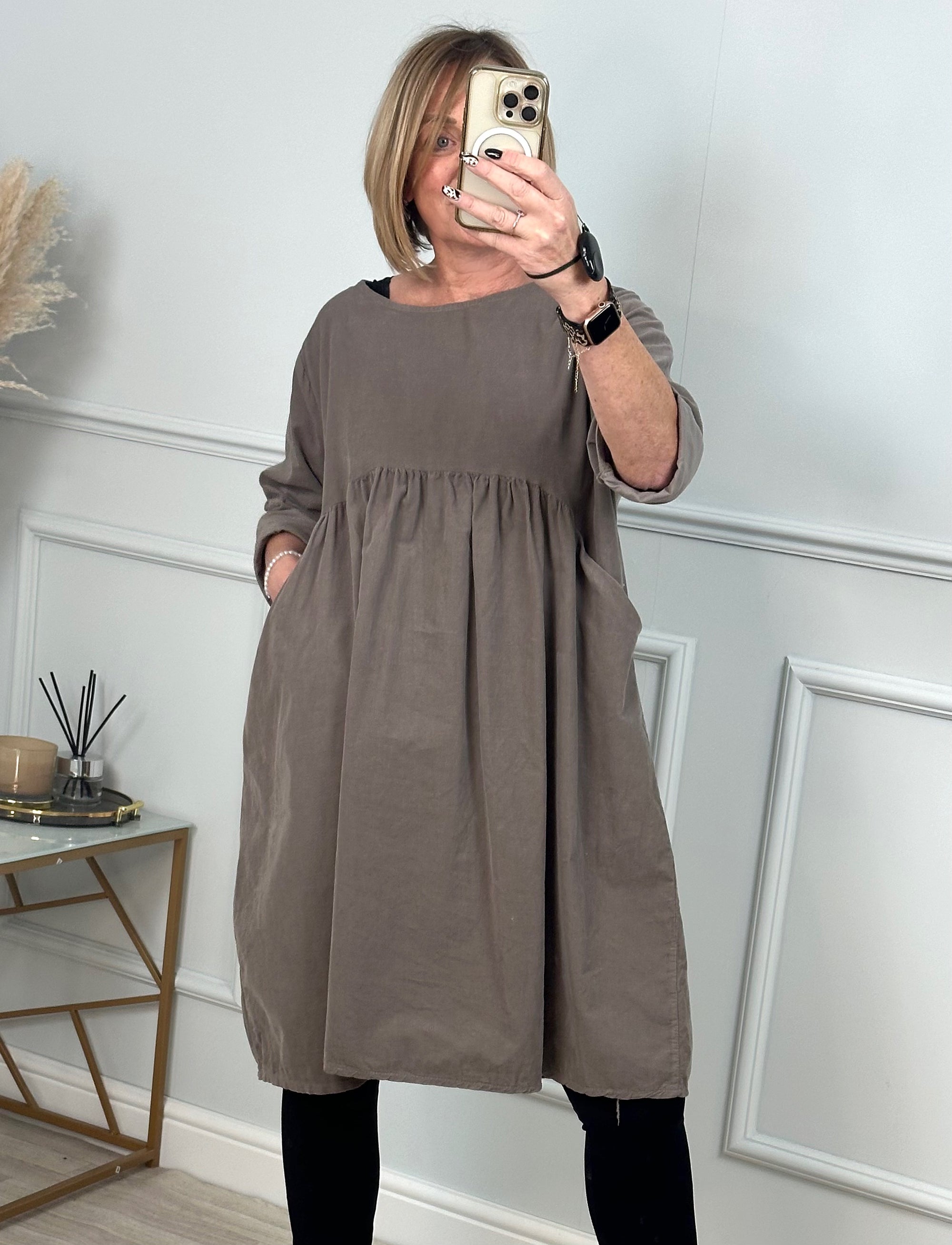 Faye Pin-cord Tunic Dress 10-18 Mocha - Susie's Boutique