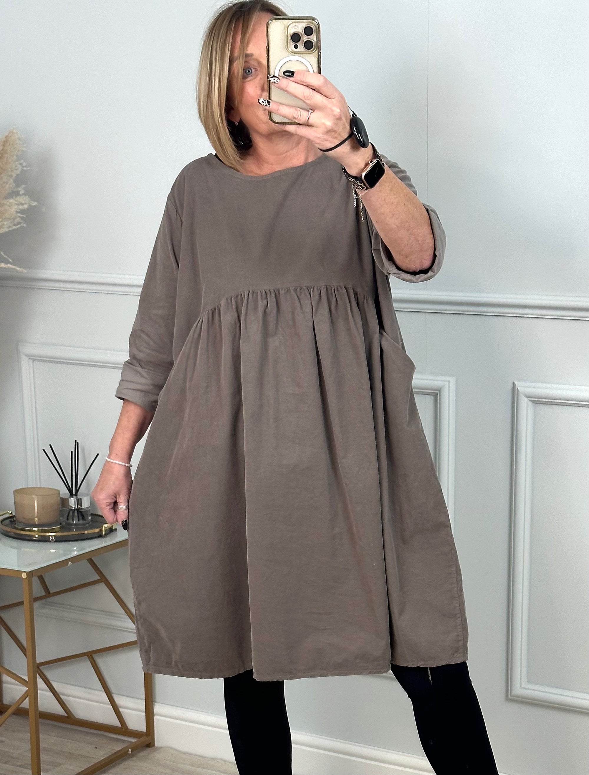 Faye Pin-cord Tunic Dress 10-18 Mocha - Susie's Boutique