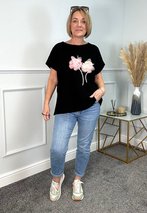 Karina Tulle Flower Roll Sleeve Sweatshirt T-Shirt 10-18 Black - Susie's Boutique