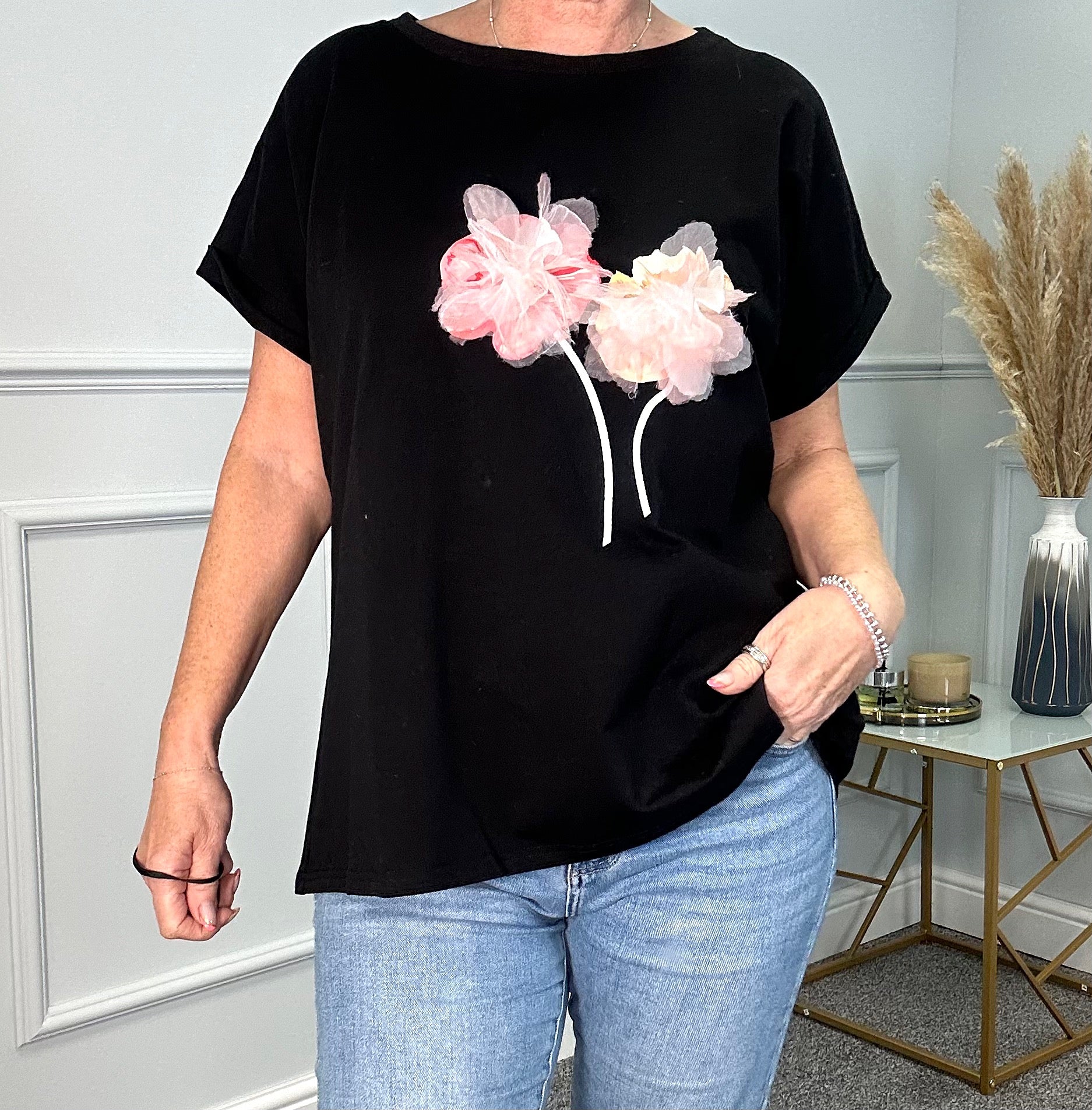 Karina Tulle Flower Roll Sleeve Sweatshirt T-Shirt 10-18 Black - Susie's Boutique