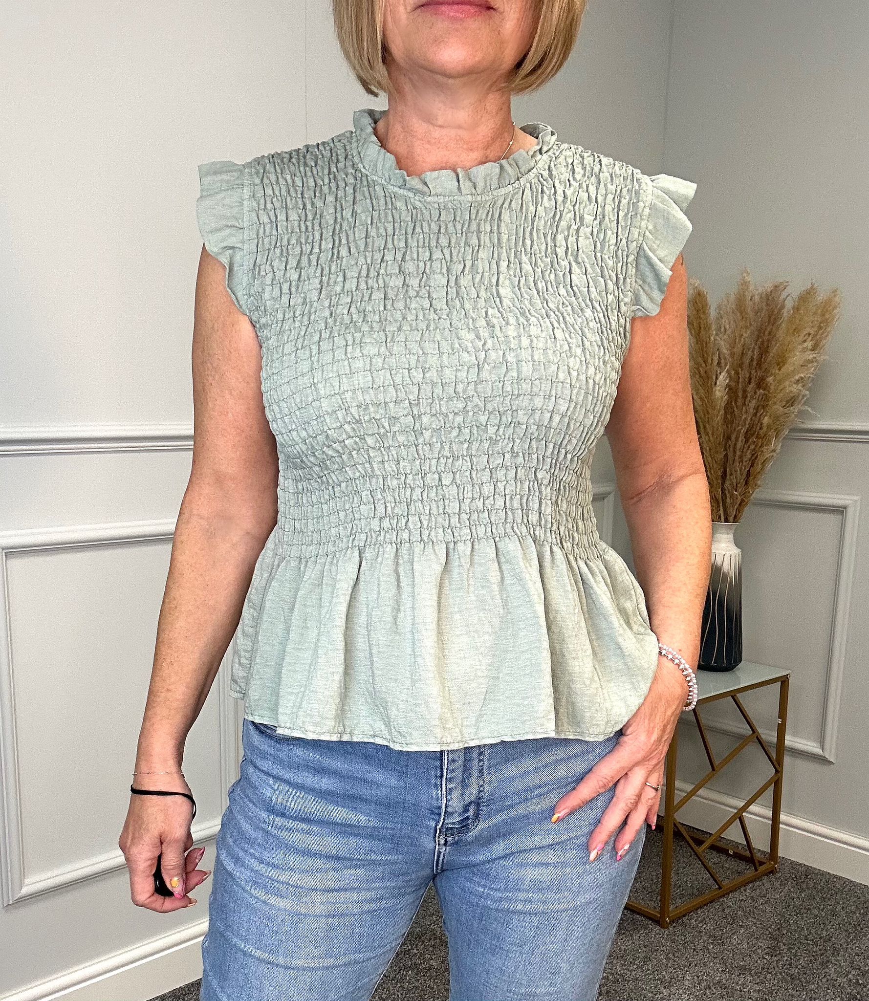 Lexi Sheered Frill Sleeve Top 8-16 Khaki - Susie's Boutique
