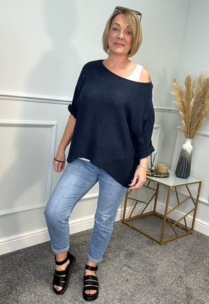 Kendal Oversized Waffle Top 10-20 Navy - Susie's Boutique