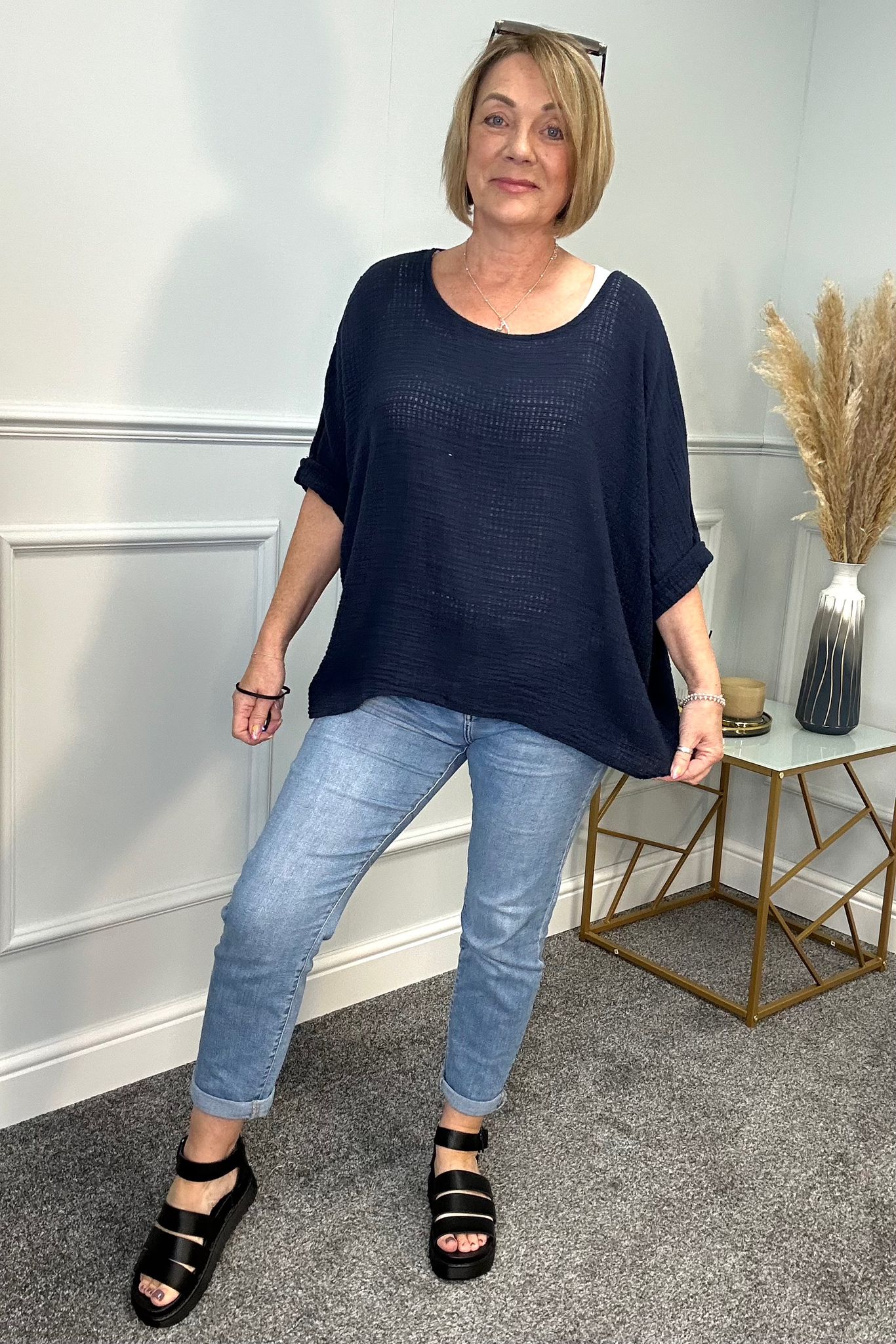 Kendal Oversized Waffle Top 10-20 Navy - Susie's Boutique