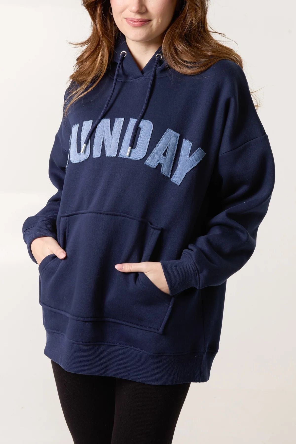 'Sunday' Denim Applique Hoodie Navy 8-22