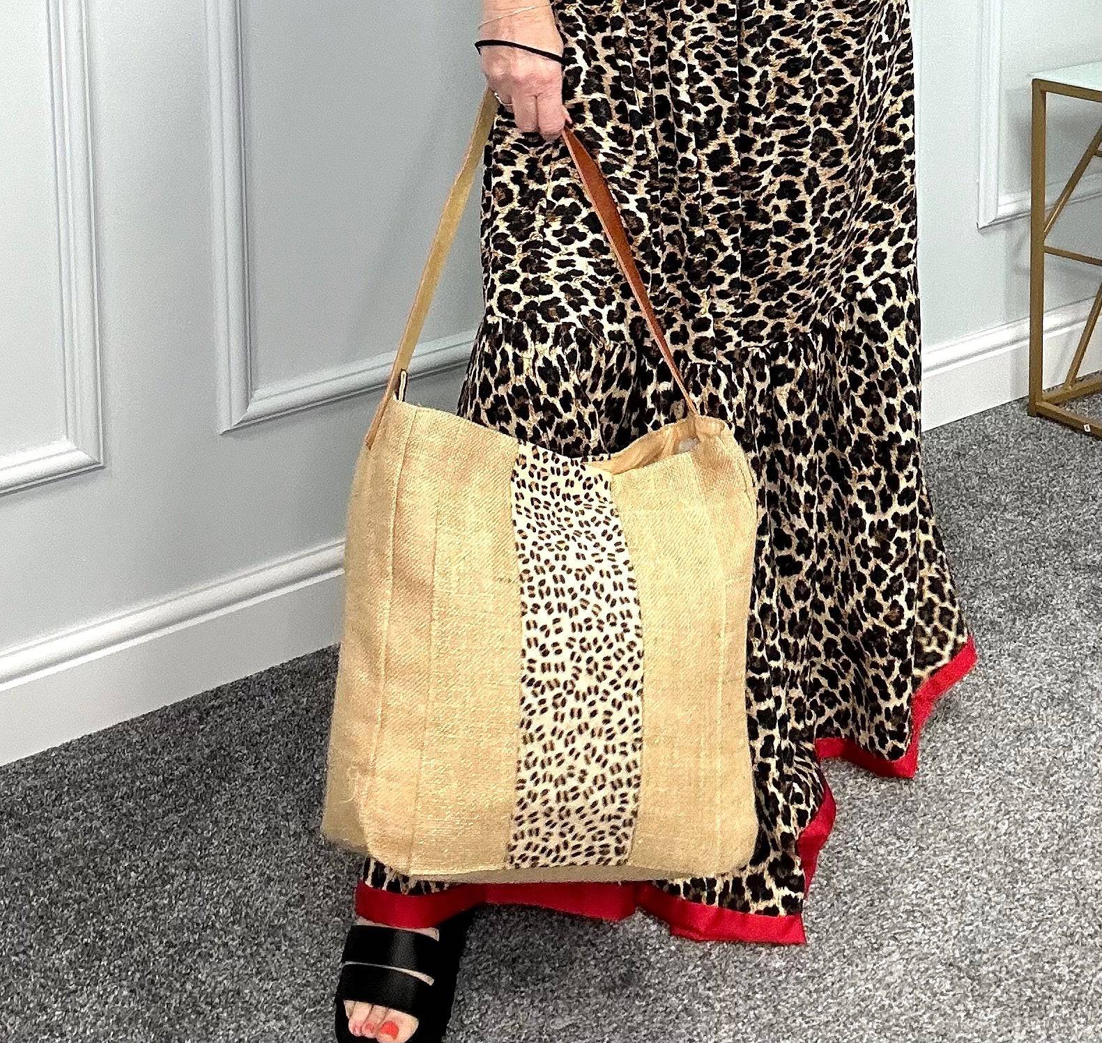 Leopard Trim Hessian Beach Bag NO RETURNS ON SALE ITEMS