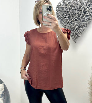 Grace Frill Sleeve Button Back Top 8-16 Brick