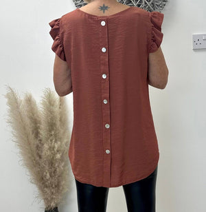 Grace Frill Sleeve Button Back Top 8-16 Brick