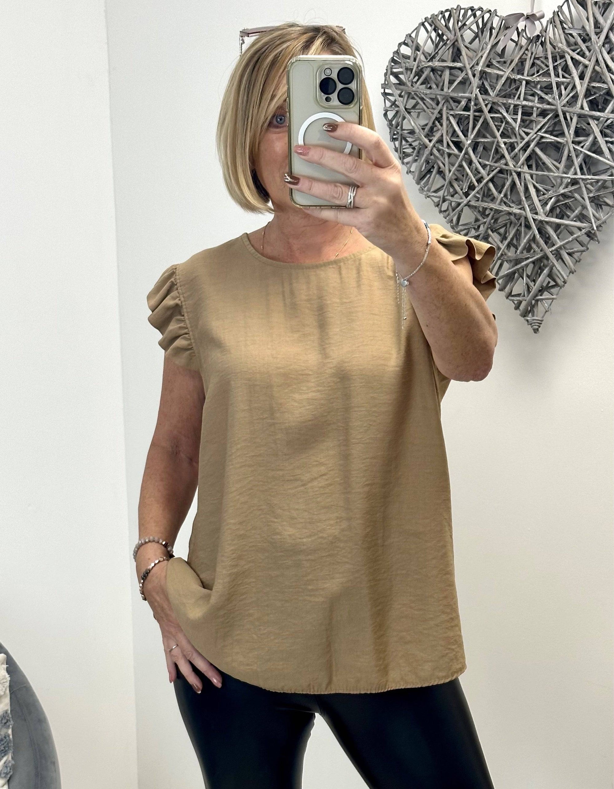 Grace Frill Sleeve Button Back Top 8-16 Camel