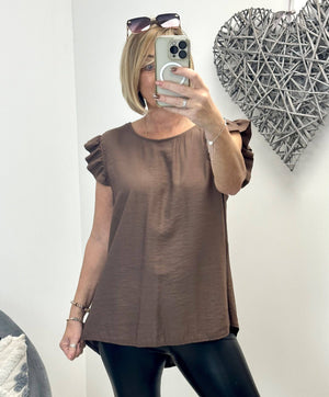 Grace Frill Sleeve Button Back Top 8-16 Chocolate