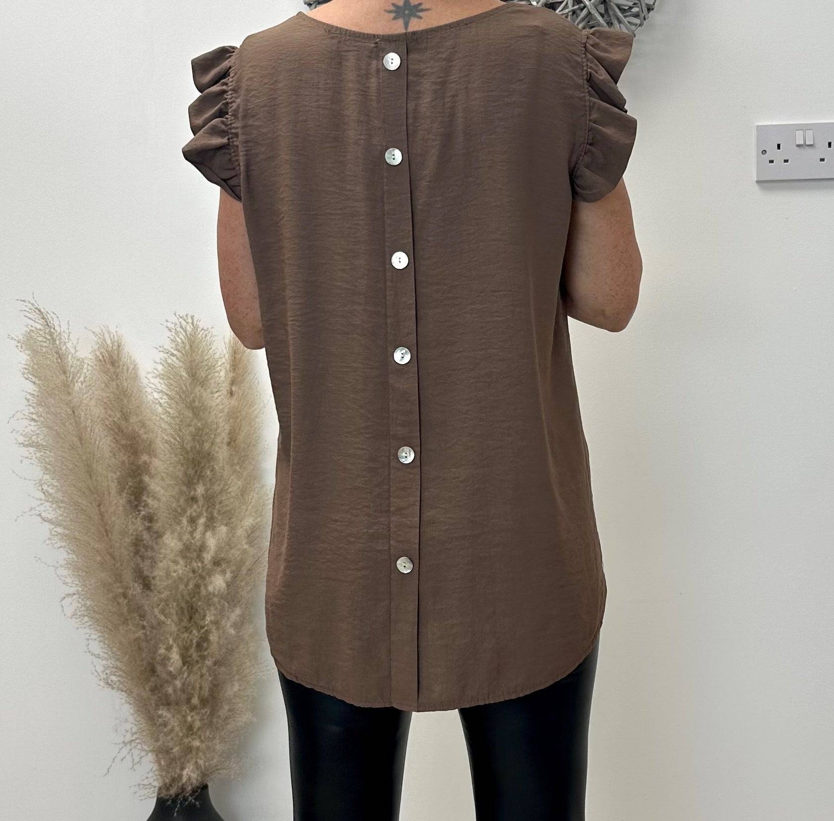 Grace Frill Sleeve Button Back Top 8-16 Chocolate