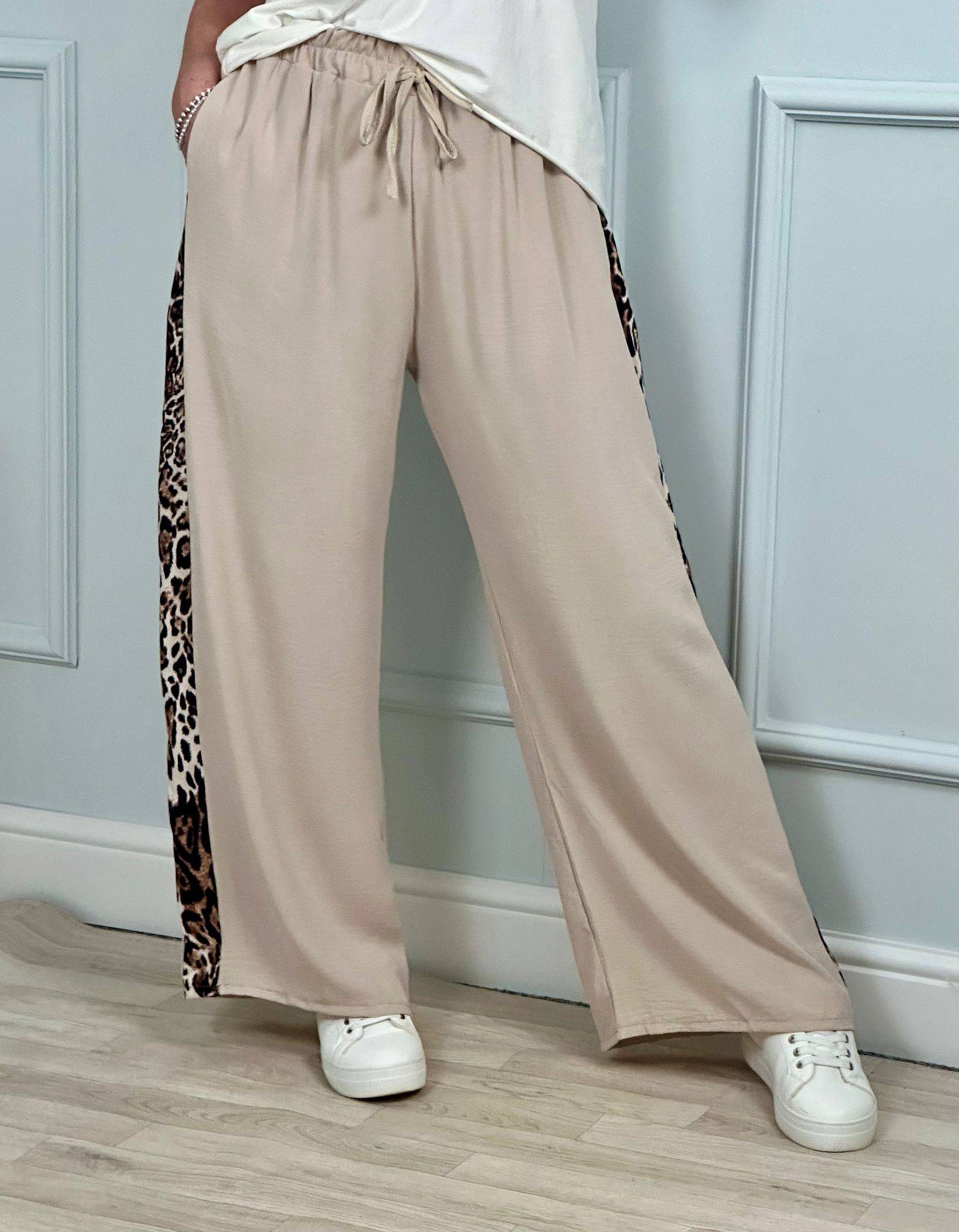 Sonia Leopard Trim Wide Leg Trousers 10-18 Sand