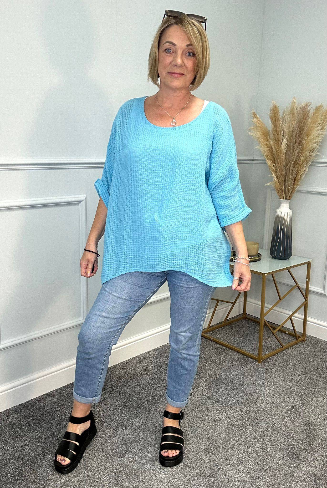 Kendal Oversized Waffle Top 10-20 Turquoise