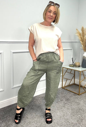 Larisa Quirky Linen Cocoon Pants 8-14 Khaki