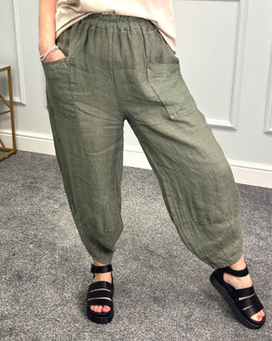 Larisa Quirky Linen Cocoon Pants 8-14 Khaki