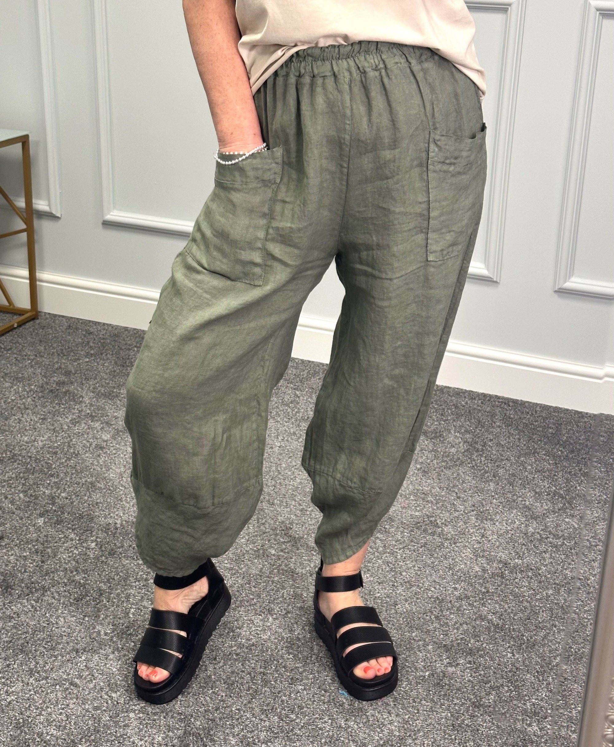 Larisa Quirky Linen Cocoon Pants 8-14 Khaki